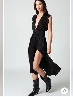 Stillwater The Jesse Midi in Black (Deep V Midi Dress with Side Slit)